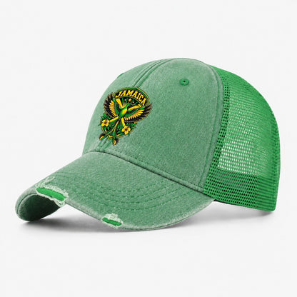 Jamaica Retro Badge Country Logos Washed Trucker Hat – Ink Green