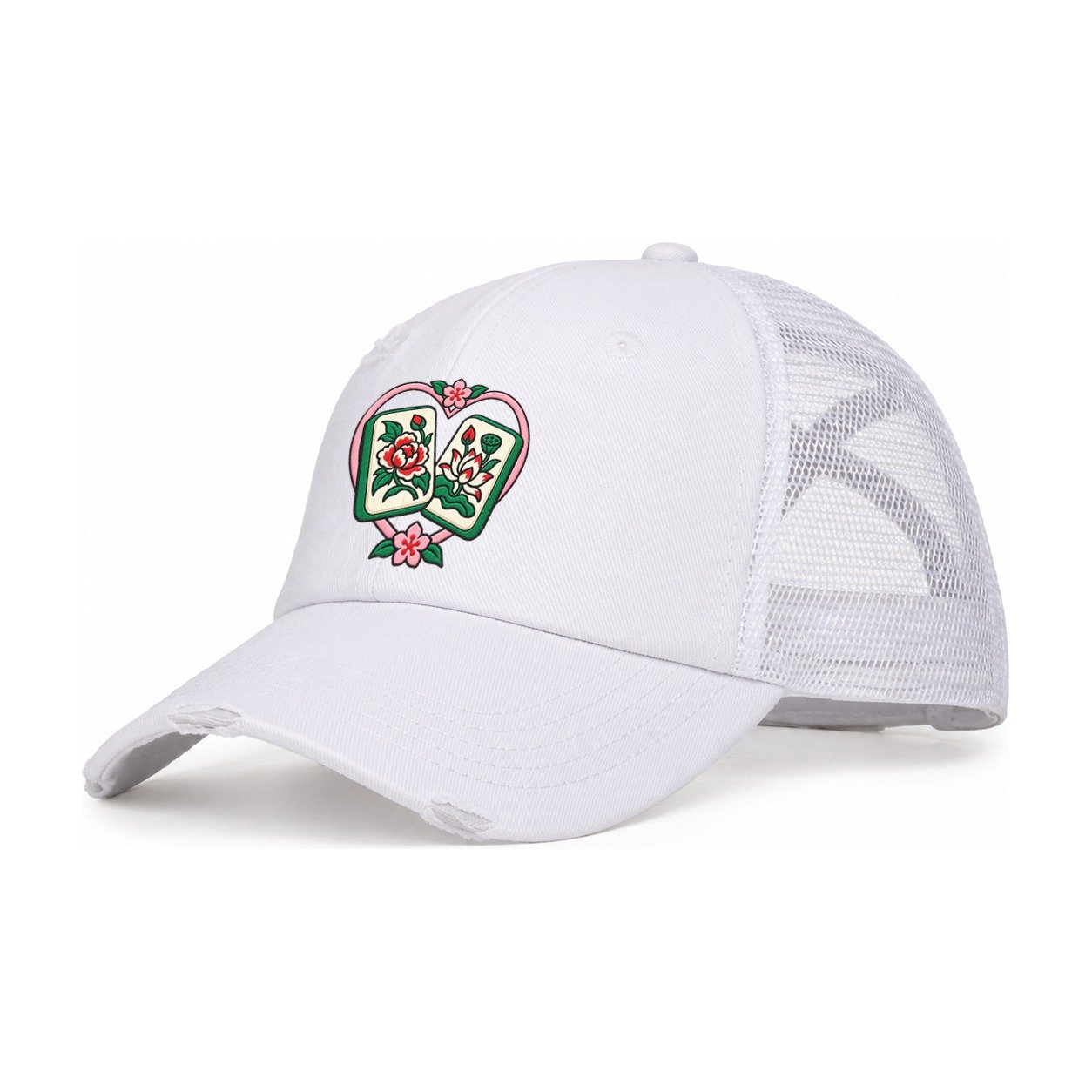 Lucky Pair Mahjong Game Night Women's Ponytail Trucker Hat – White White