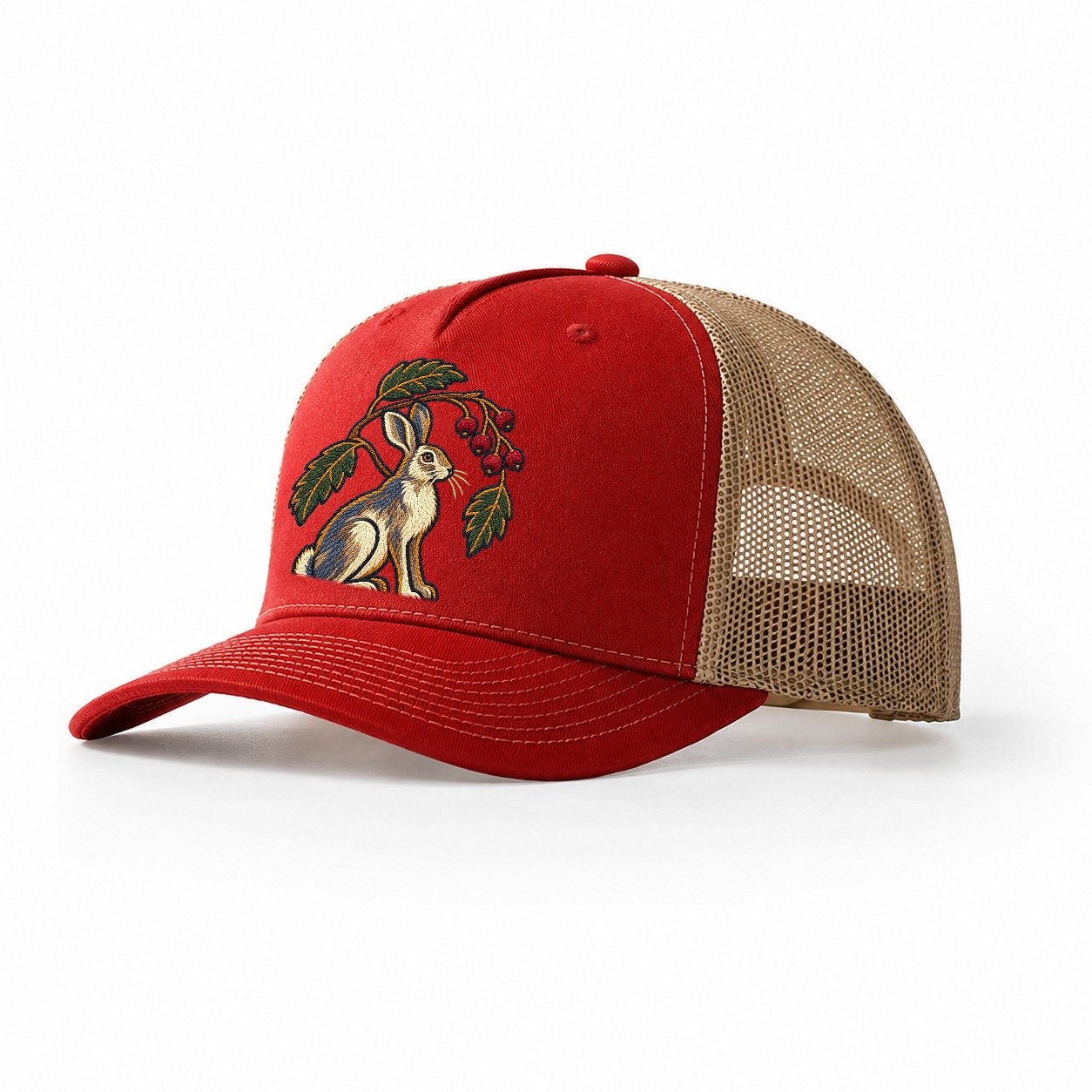 Scottish Rowan And Mountain Hare Uk Culture Heritage Trucker Hat – Red Khaki