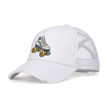 Roller Skate Tiny Solo Marks Women's Ponytail Trucker Hat – White White