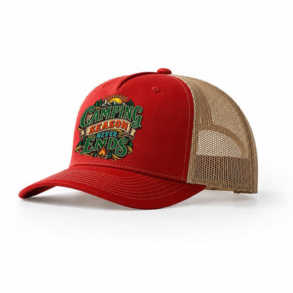 Camping Season Never Ends Retired Living Trucker Hat – Red Khaki