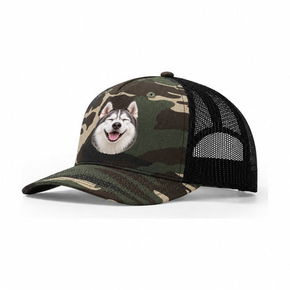 Husky Laughing Portrait Character Club Trucker Hat – Woodland Camo Black