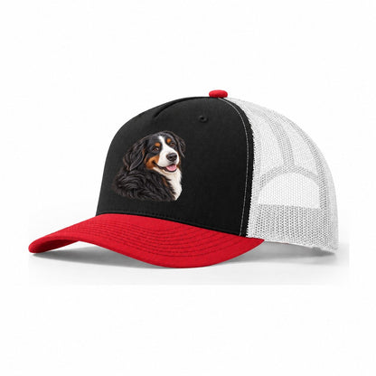 Bernese Over Shoulder Welcome Pastimes Companions Trucker Hat – Black Red White