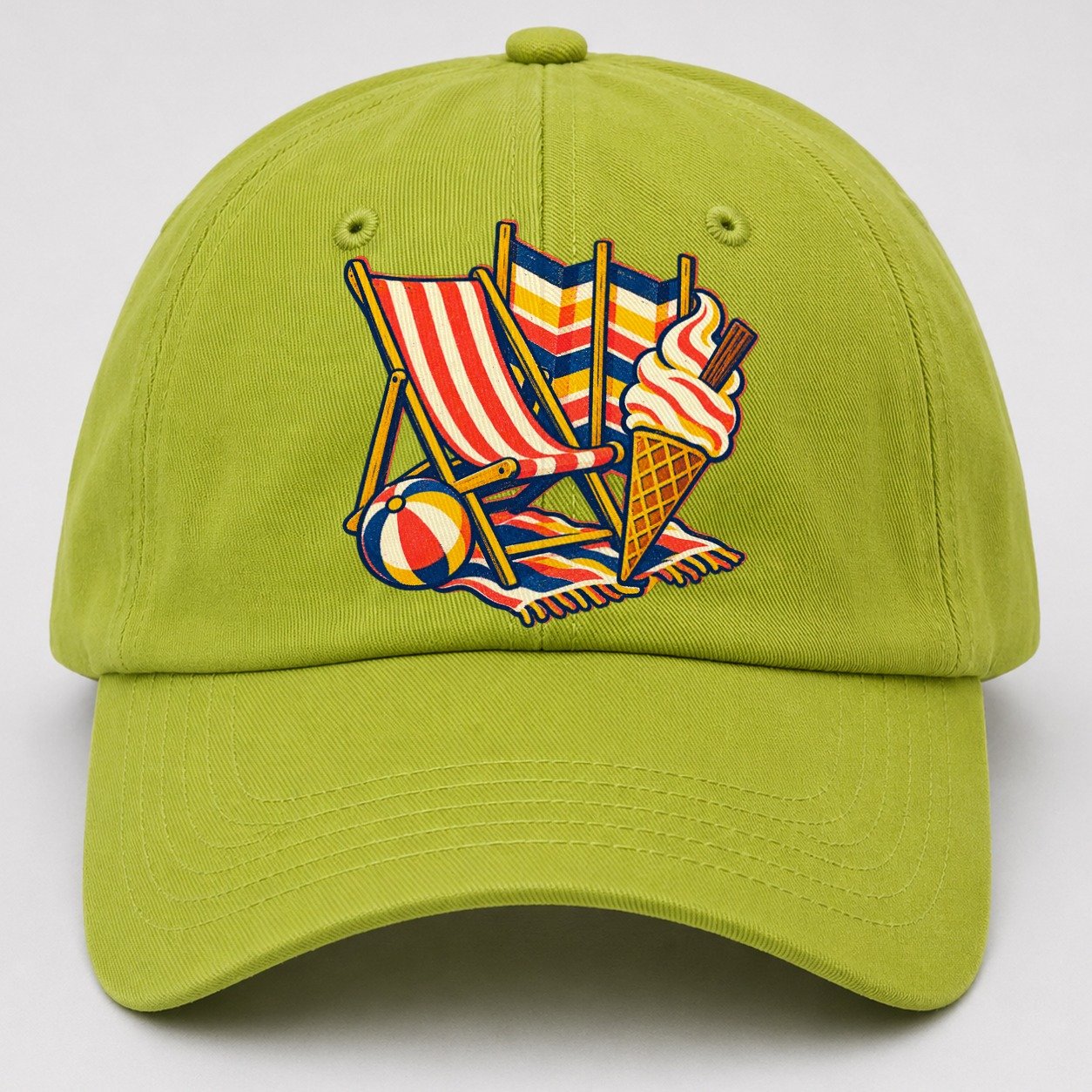 British Seaside Deckchair Windbreak And Ice Cream Uk Culture Heritage Baseball Cap – Fluorescent Green