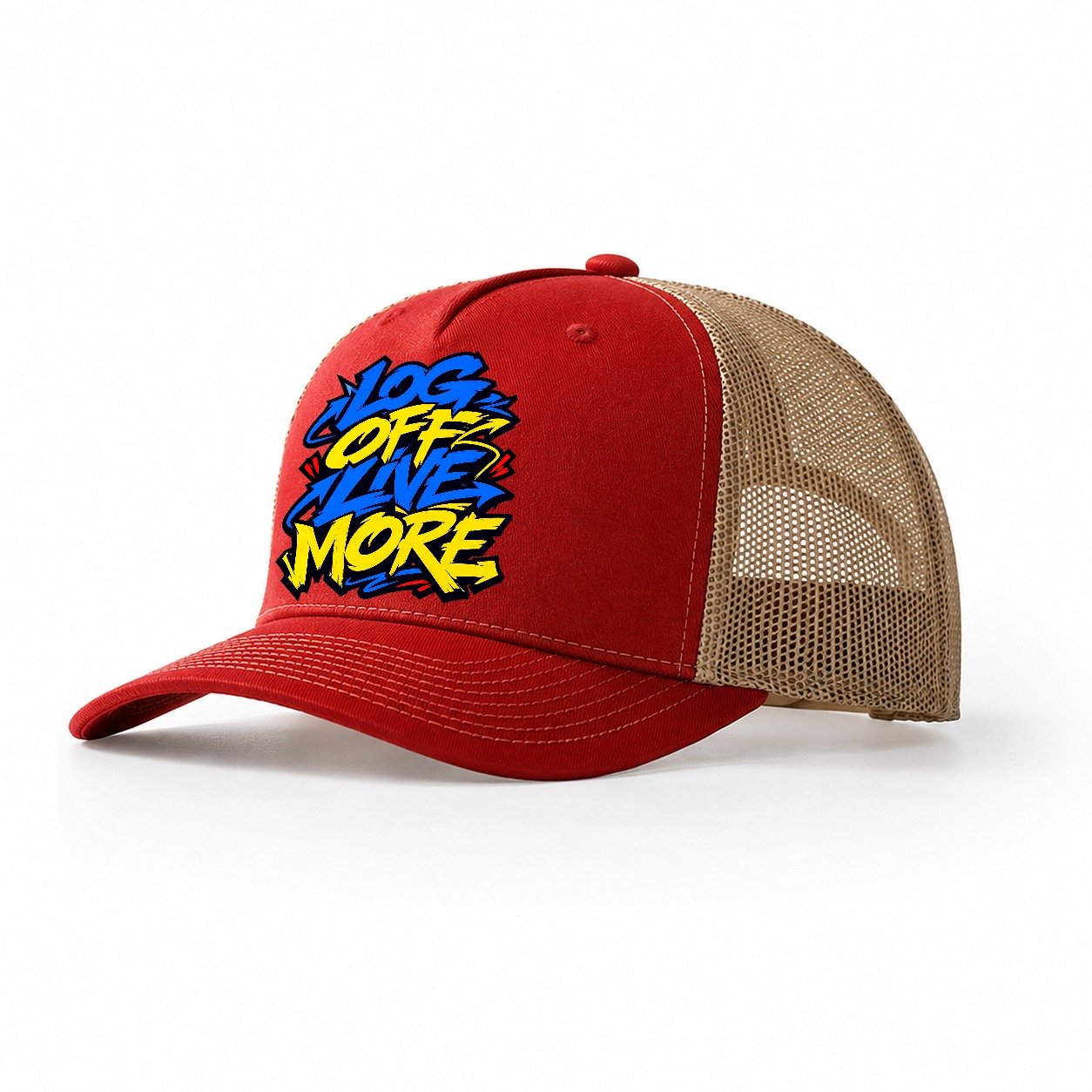 Log Off Live More Tee Graphic Trucker Hat – Red Khaki