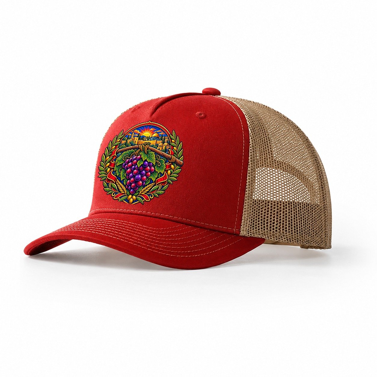 Grape Cluster Of The Spies Jerusalem Trucker Hat – Red Khaki