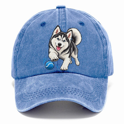 Blue-Eyed Husky Chasing Ball Classic Cap – Summer Sky