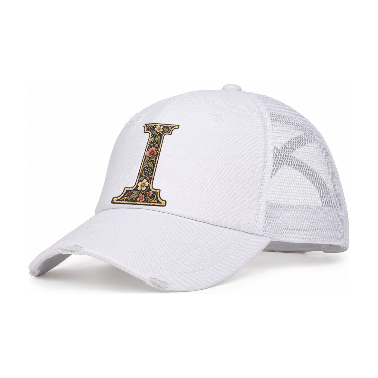 Wildflower I Monogram Women's Ponytail Trucker Hat – White White