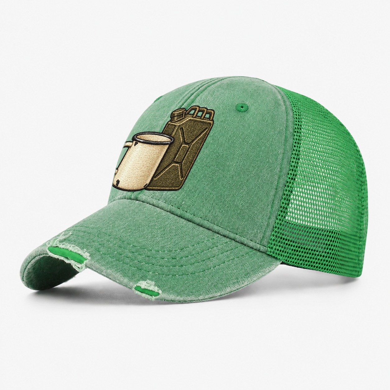 Enamel Camp Mug And Fuel Can Off Roading And Overlanding Washed Trucker Hat – Ink Green