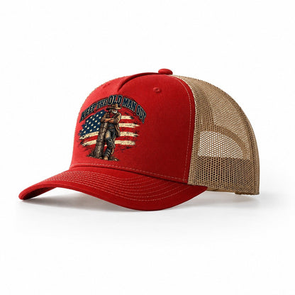 Keep The Old Man Out Old Man Strong Trucker Hat – Red Khaki