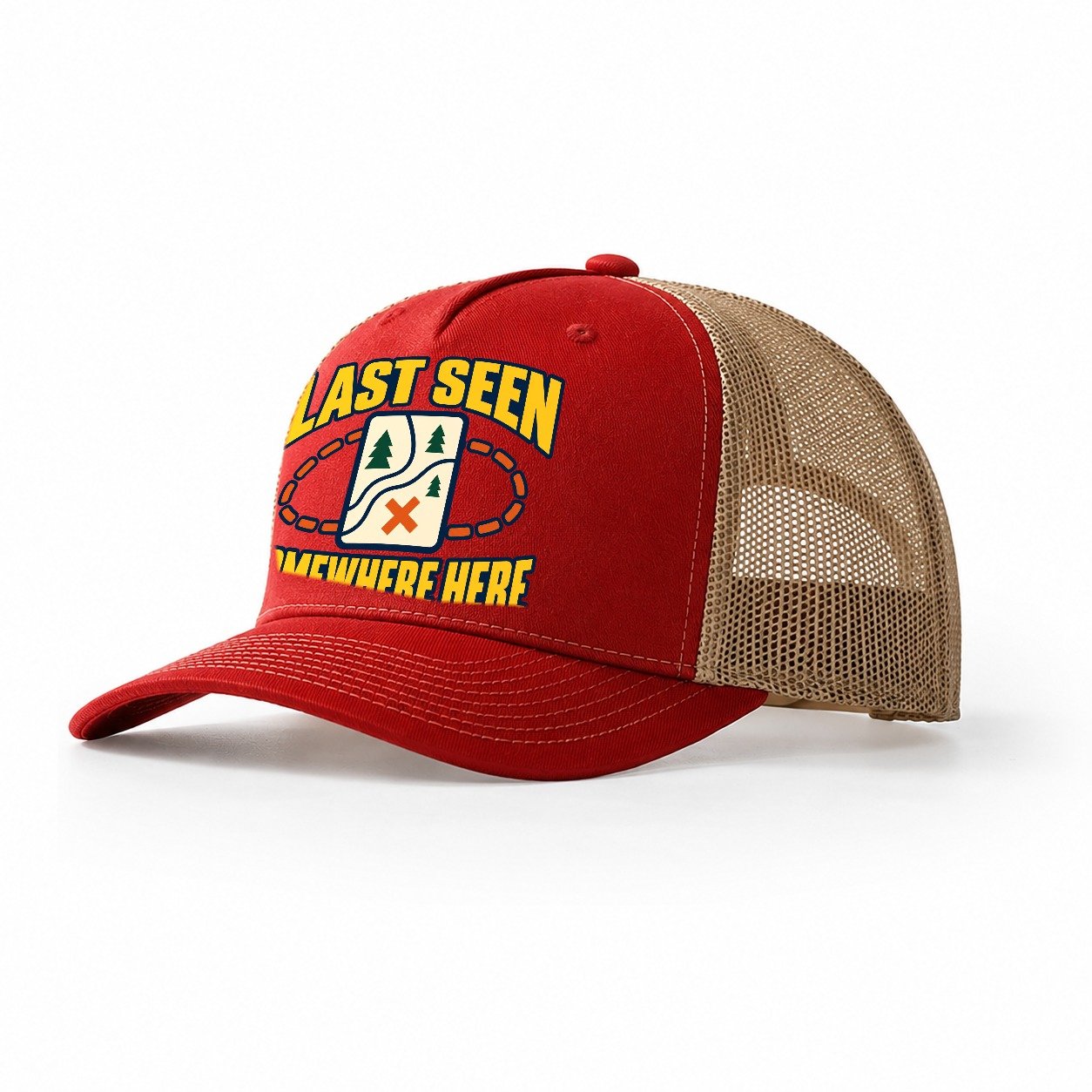 Last Seen Somewhere Here Disc Golf Trucker Hat – Red Khaki