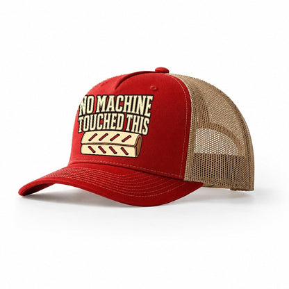 No Machine Touched This Leathercraft Trucker Hat – Red Khaki