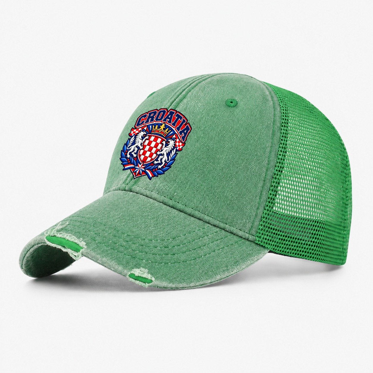Croatia Retro Badge Country Logos Washed Trucker Hat – Ink Green