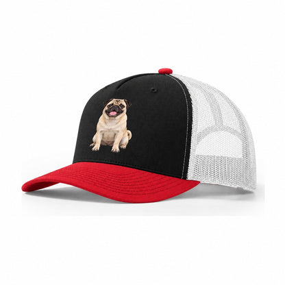 Pug Sitting Top Breeds Trucker Hat – Black Red White