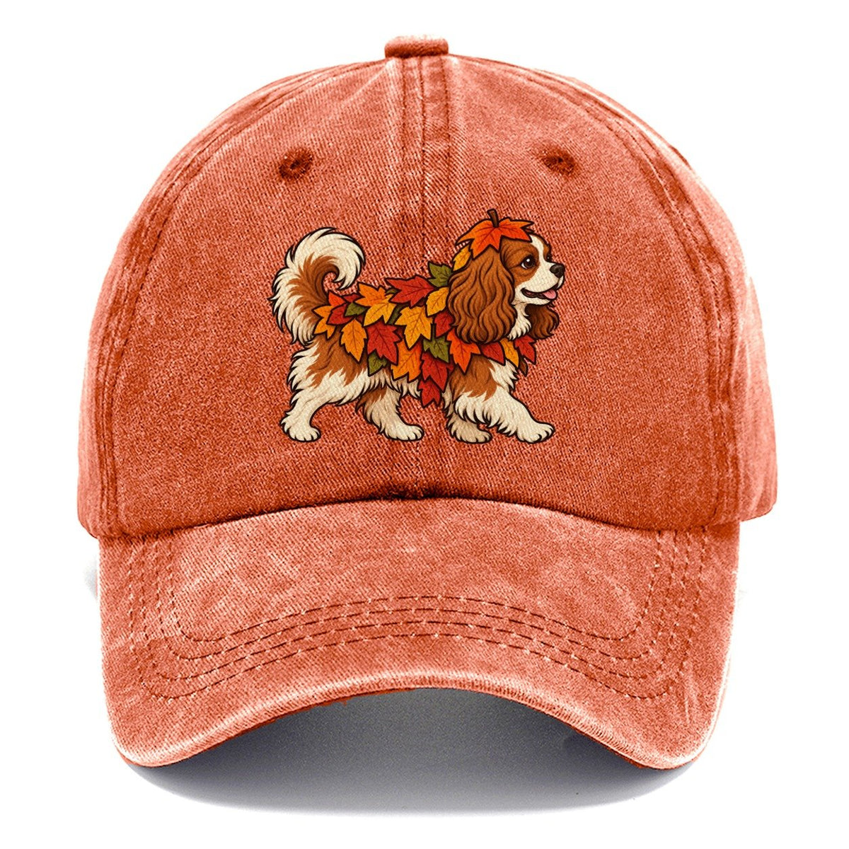 One Cavalier King Charles Spaniel In Halloween Costume Fallen Leaf Pile Costume With Orange And Red Felt Leaves Halloween Dog Parade Classic Cap – Terracotta Clay