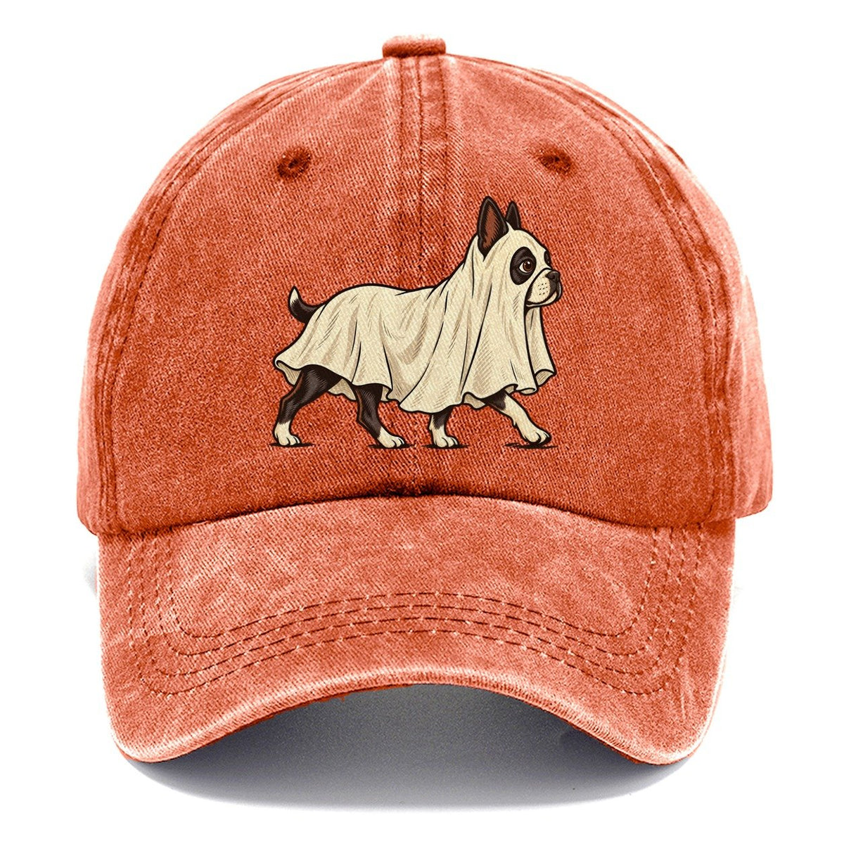 One Boston Terrier In Halloween Costume Ghost Draped In A Simple Sheet With Cut Eye Holes Halloween Dog Parade Classic Cap – Terracotta Clay
