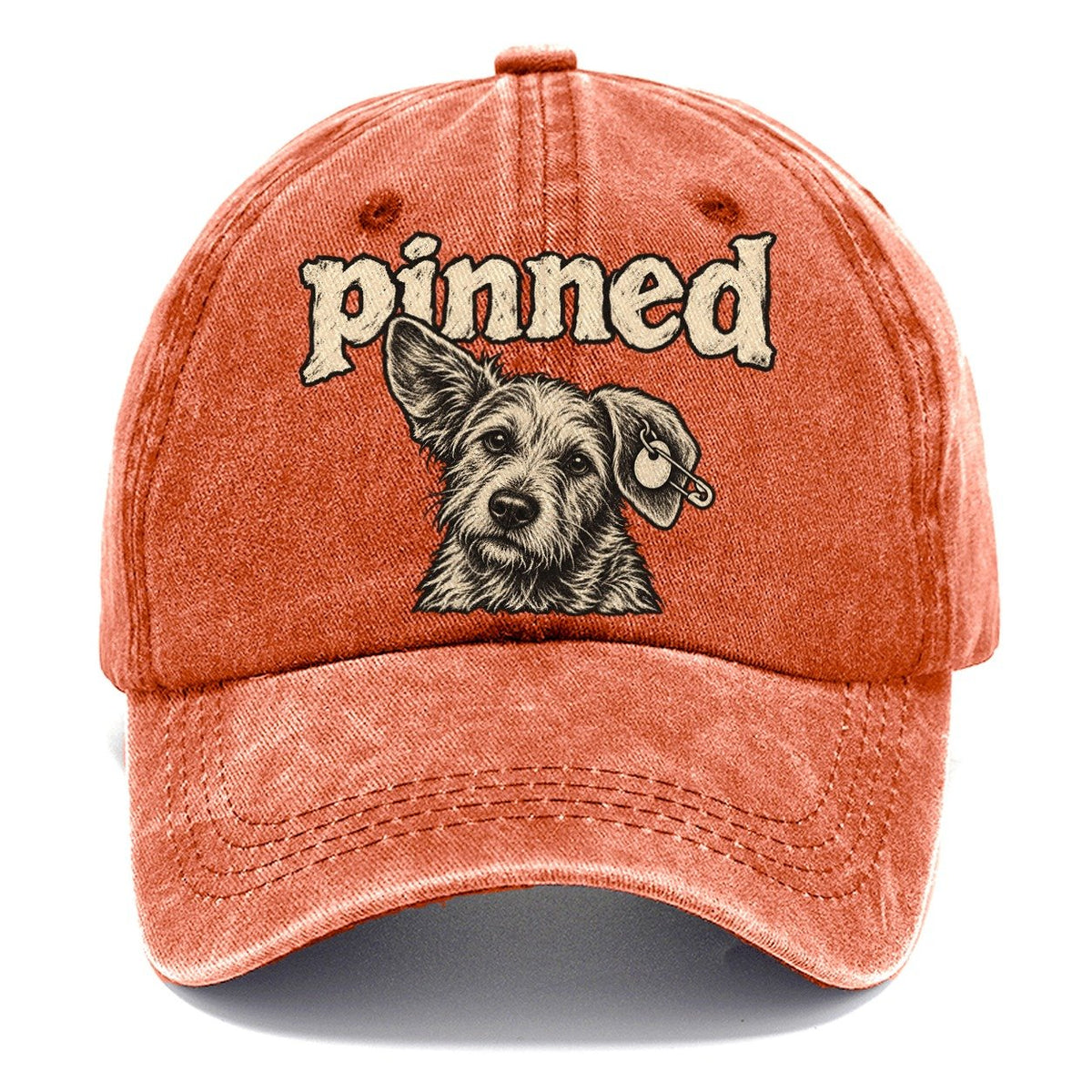 A Scruffy Dog Head With A Safety Pin Through The Ear Tag Bark For Me Classic Cap – Terracotta Clay