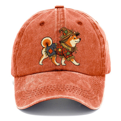 One Shiba Inu In Halloween Costume Scarecrow Costume With Straw Patches And A Plaid Shirt Halloween Dog Parade Classic Cap – Terracotta Clay