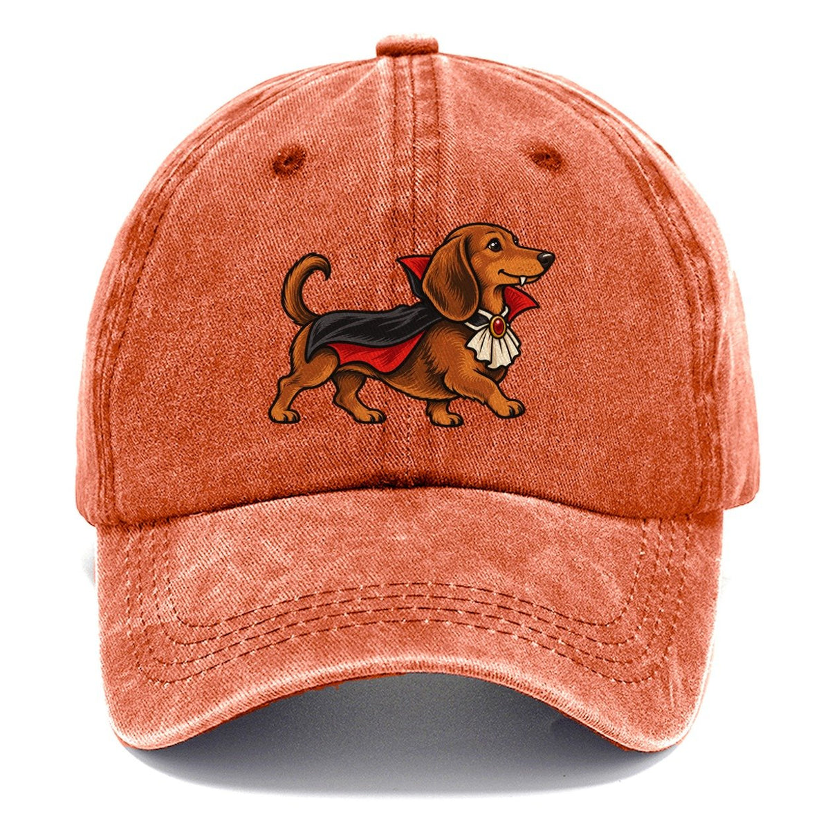 One Dachshund In Halloween Costume Vampire With A Small Cape And Pointed Collar Halloween Dog Parade Classic Cap – Terracotta Clay
