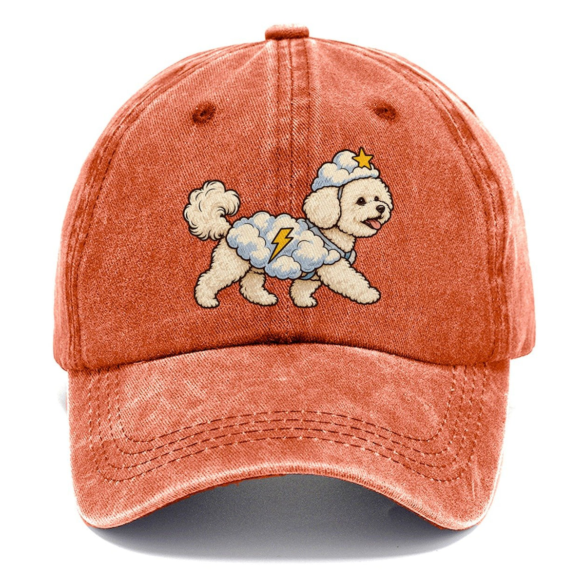 One Bichon Frise In Halloween Costume Cloud Costume With Cotton Puff Texture And A Tiny Lightning Bolt Halloween Dog Parade Classic Cap – Terracotta Clay