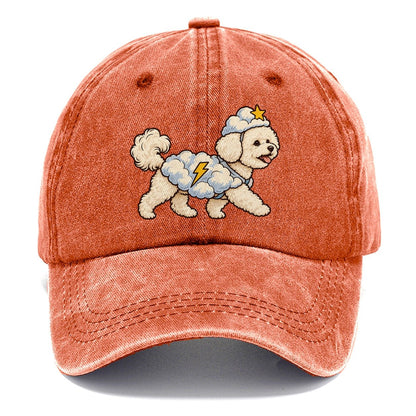 One Bichon Frise In Halloween Costume Cloud Costume With Cotton Puff Texture And A Tiny Lightning Bolt Halloween Dog Parade Classic Cap – Terracotta Clay