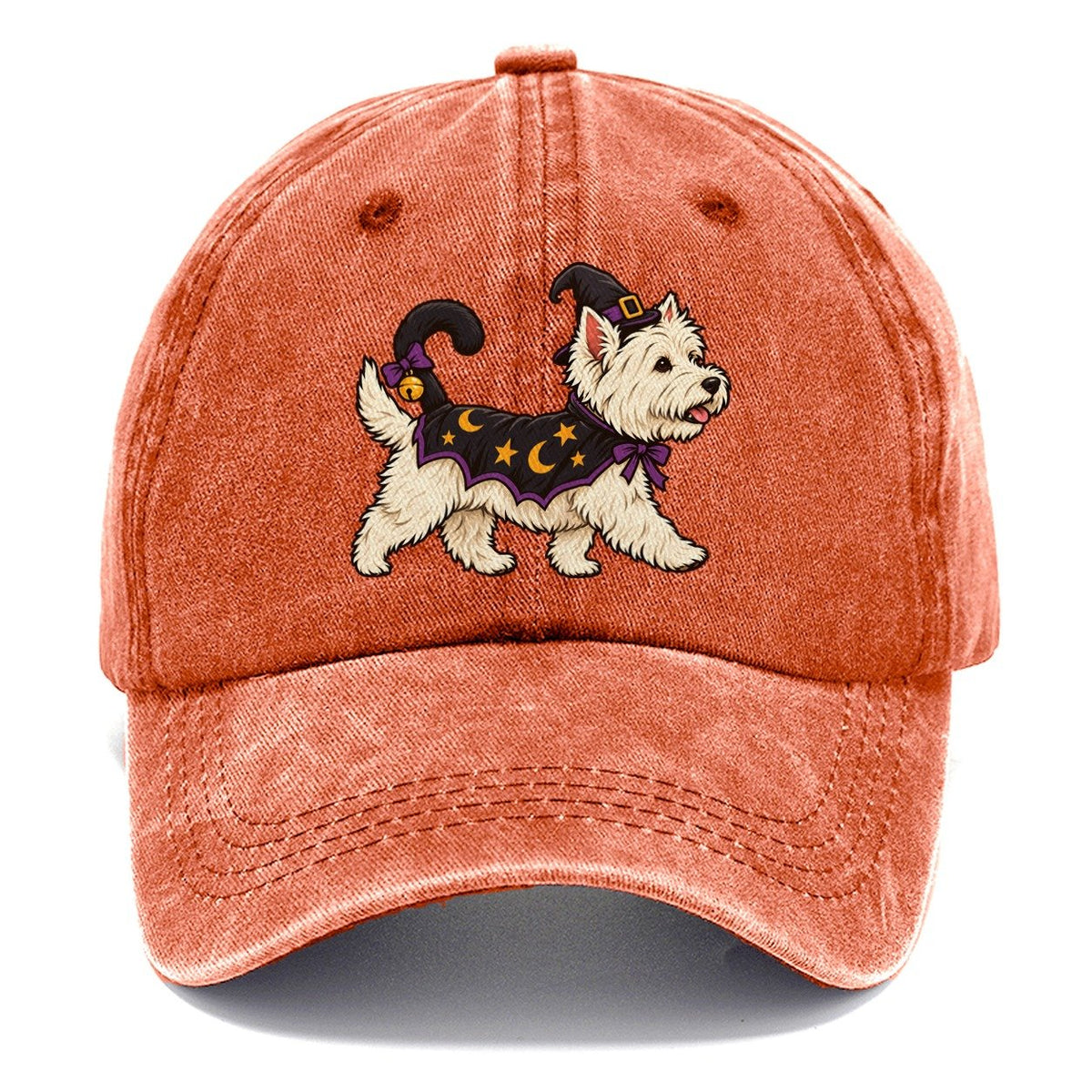One West Highland Terrier In Halloween Costume Little Witch S Cat Familiar Costume With A Tiny Hat Halloween Dog Parade Classic Cap – Terracotta Clay