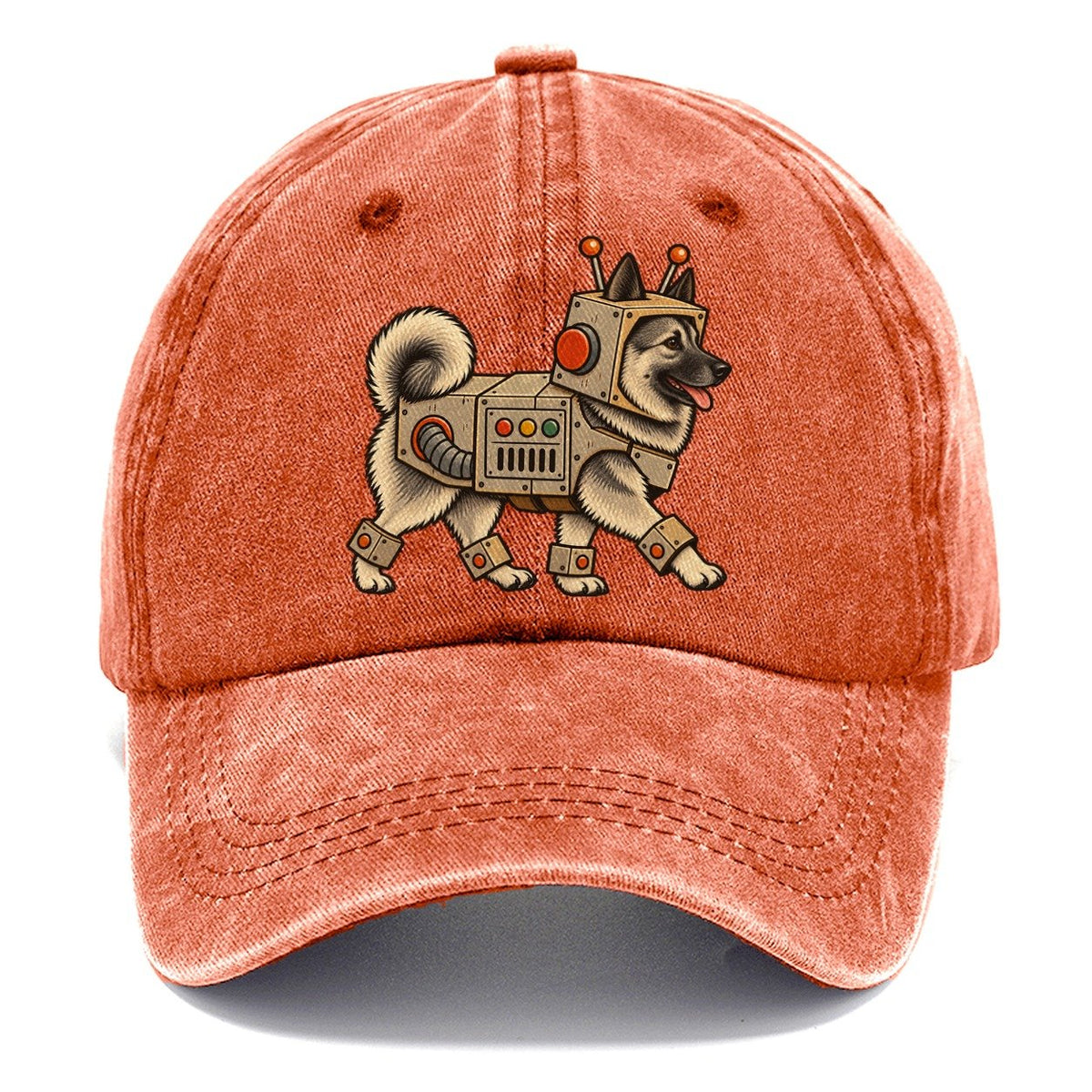 One Norwegian Elkhound In Halloween Costume Robot Costume With Boxy Cardboard Style Plating Halloween Dog Parade Classic Cap – Terracotta Clay