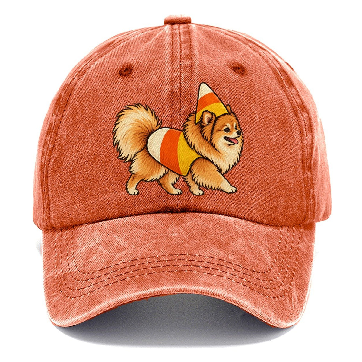One Pomeranian In Halloween Costume Candy Corn Costume Tri Color Pointed Cone Halloween Dog Parade Classic Cap – Terracotta Clay