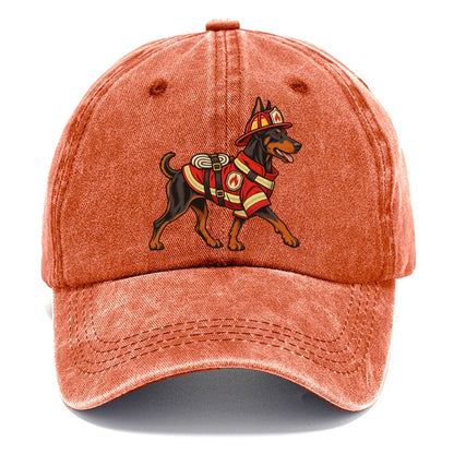 One Doberman Pinscher In Halloween Costume Firefighter Costume With A Small Helmet And Coat Halloween Dog Parade Classic Cap – Terracotta Clay