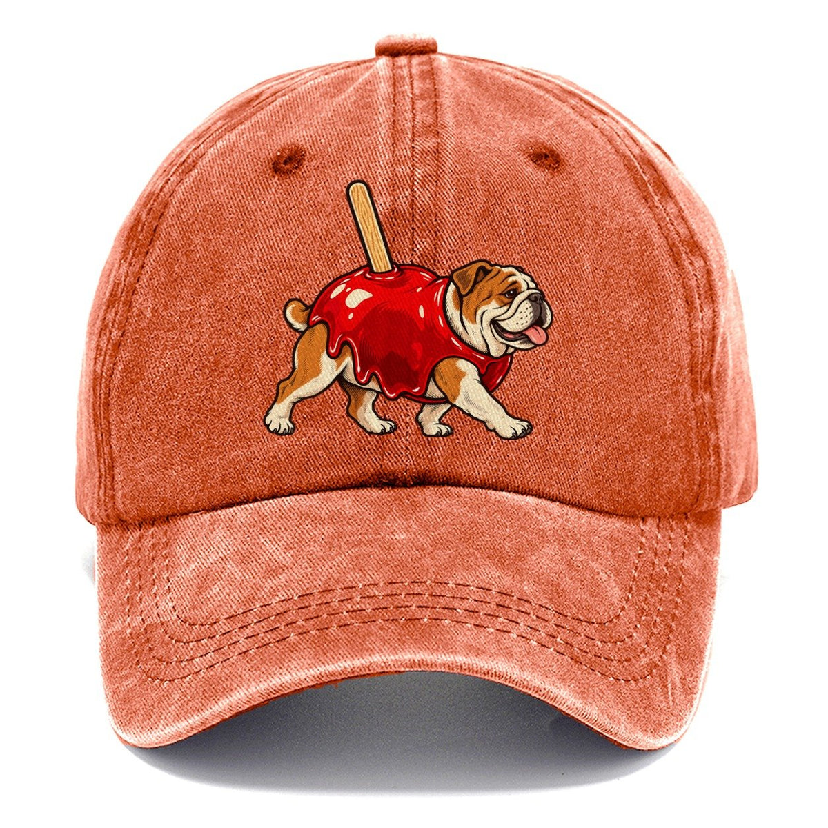 One Bulldog In Halloween Costume Candy Apple Costume Red Glossy Shell With A Stick Halloween Dog Parade Classic Cap – Terracotta Clay
