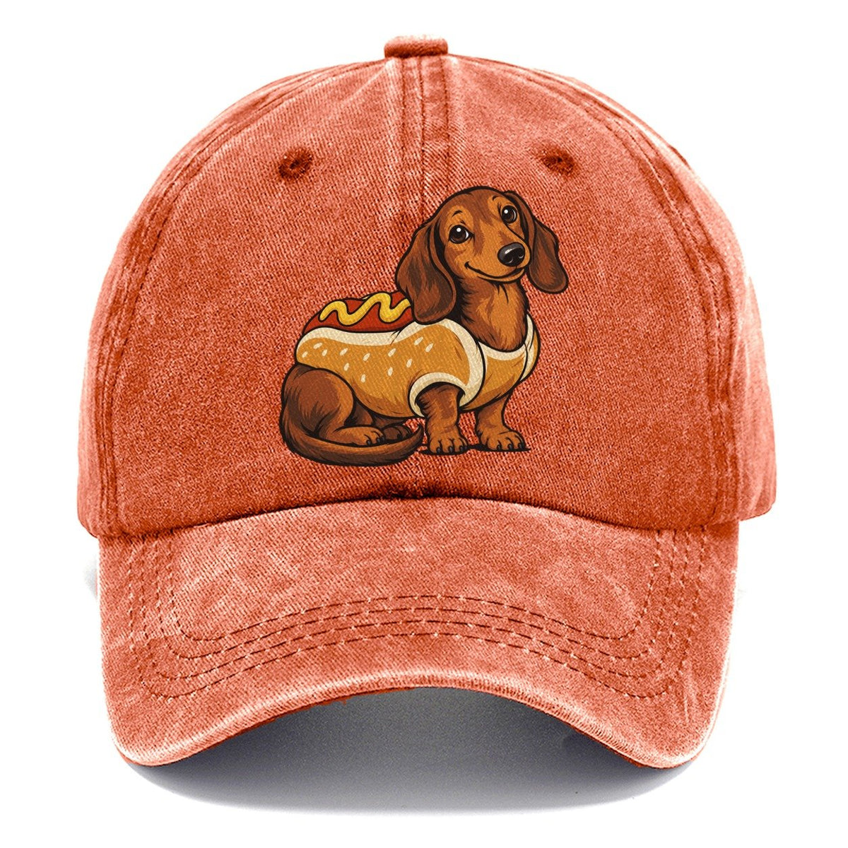 One Dachshund In Halloween Costume Hot Dog Bun Costume With Mustard Squiggle Halloween Dog Parade Classic Cap – Terracotta Clay