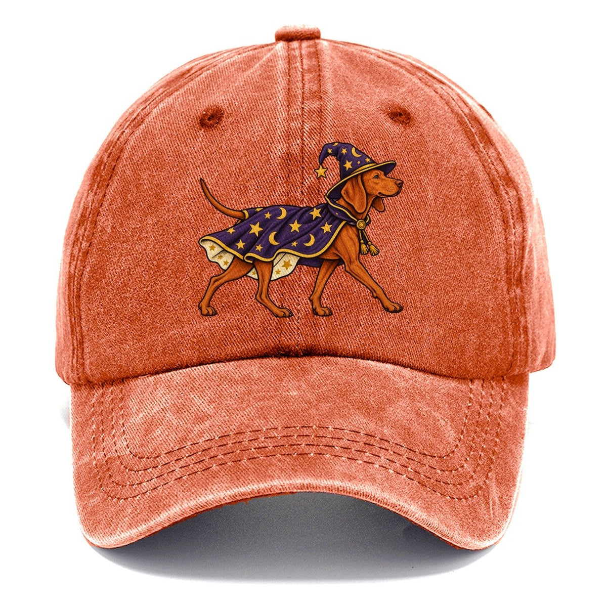 One Vizsla In Halloween Costume Wizard Costume With A Starry Robe And Pointed Hat Halloween Dog Parade Classic Cap – Terracotta Clay