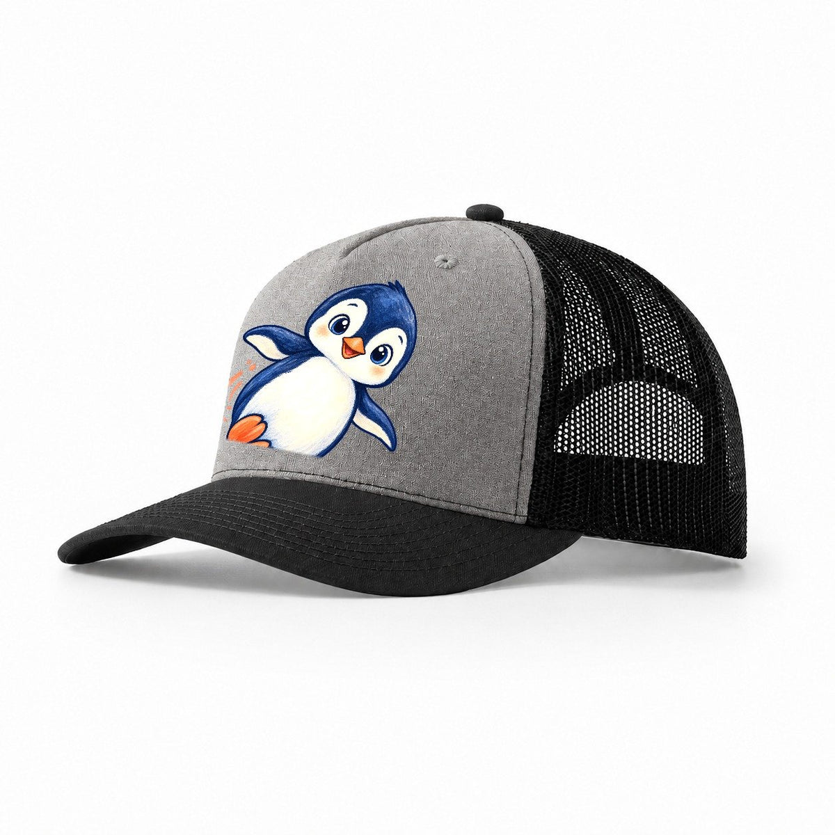 Penguin Side Slide Sea Sprite Trucker Hat – Grey Black