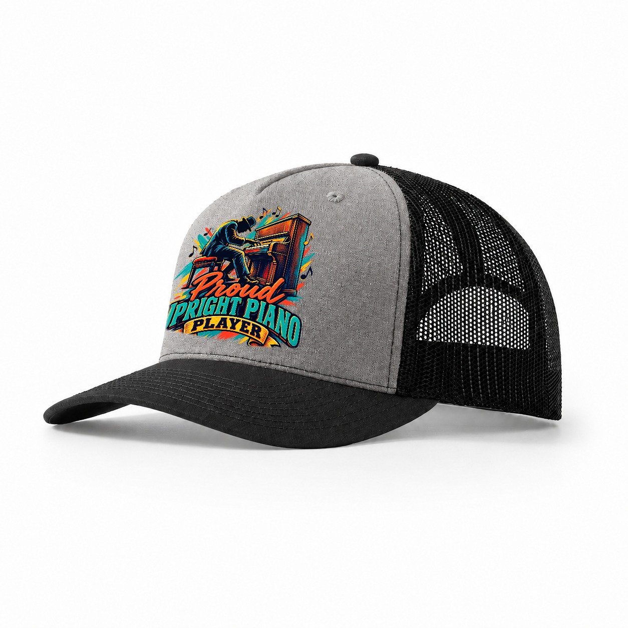 Proud Upright Piano Player Music Instruments Trucker Hat – Grey Black