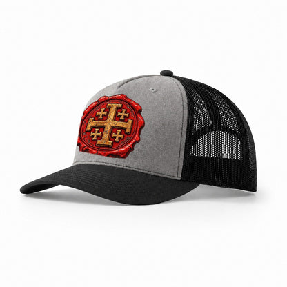 Red Wax Seal Impression Jerusalem Cross Trucker Hat – Grey Black