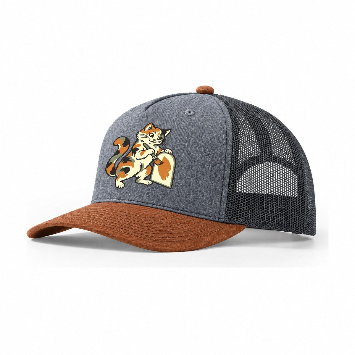 Calico Cat Painter Sundown Familiars Trucker Hat – Heather Grey Rust Charcoal