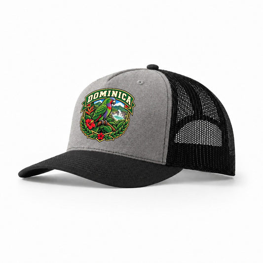 Dominica Retro Badge Country Logos Trucker Hat – Grey Black