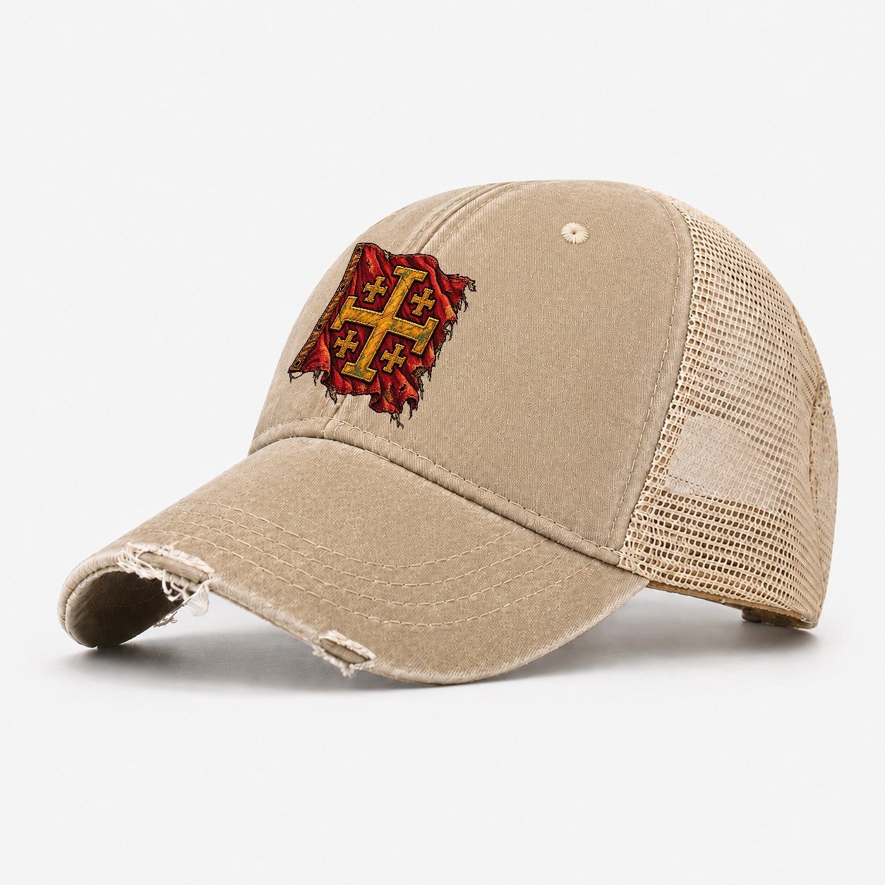 Sun Bleached Linen Flag Jerusalem Cross Washed Trucker Hat – Khaki