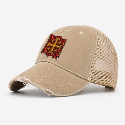 Sun Bleached Linen Flag Jerusalem Cross Washed Trucker Hat – Khaki