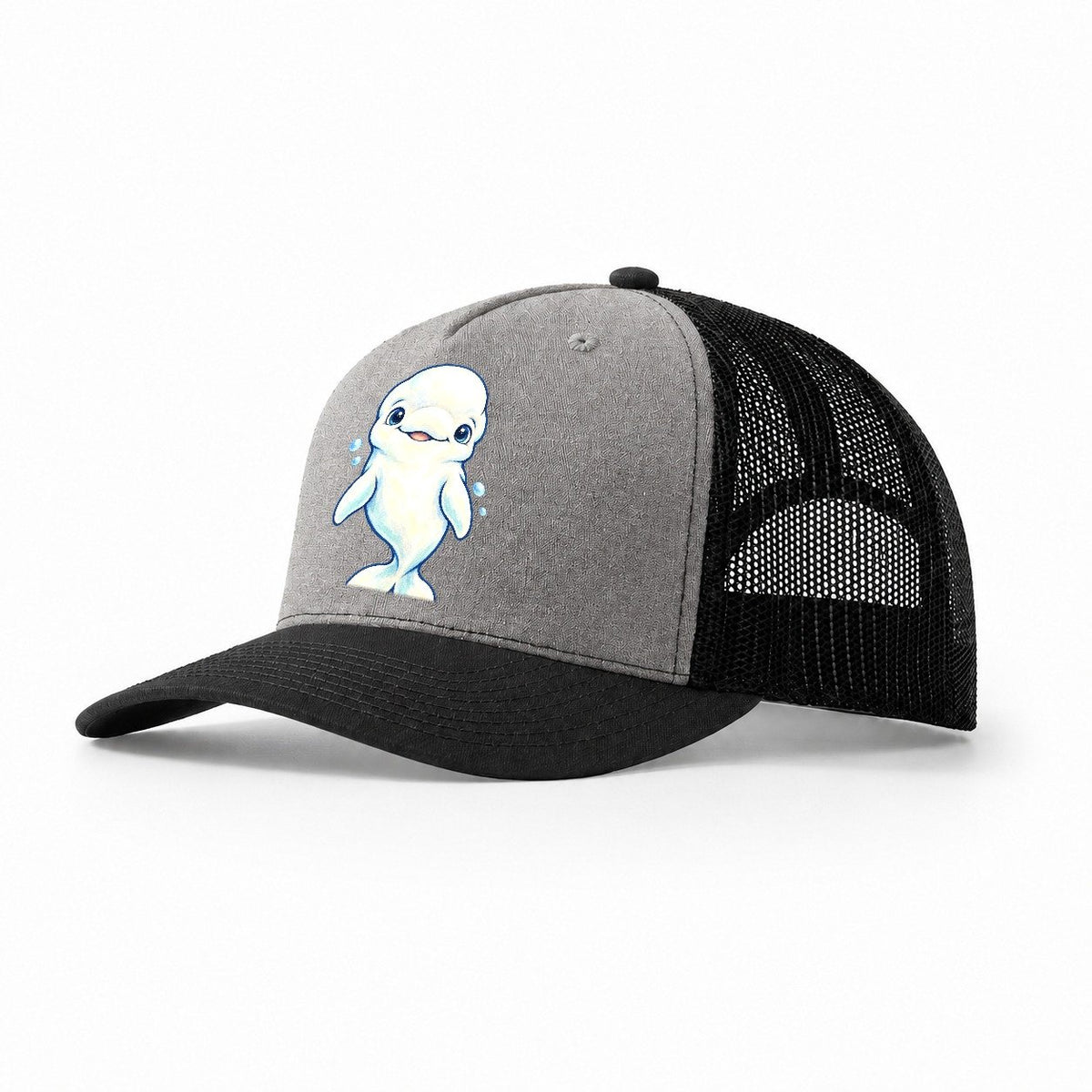 Beluga Whale Front Smile Sea Sprite Trucker Hat – Grey Black