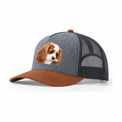 Cavalier Petal Greeting Pastimes Companions Trucker Hat – Heather Grey Rust Charcoal
