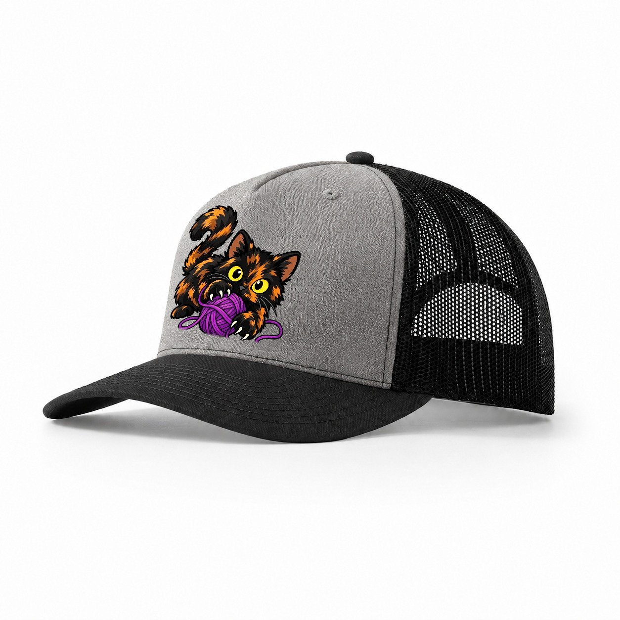 Tortoiseshell Playing Yarn Peeking Cats Trucker Hat – Grey Black
