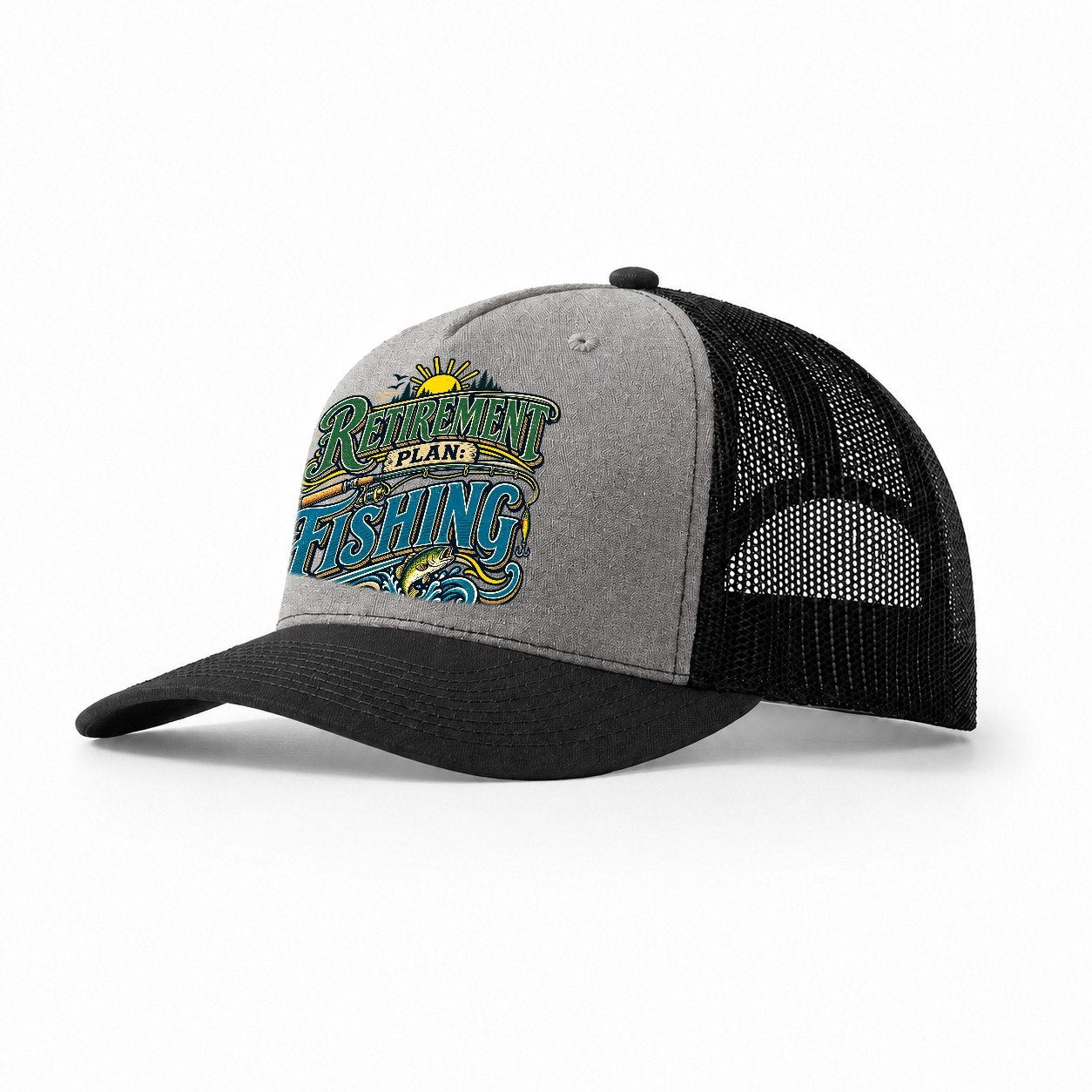 Retirement Plan Fishing Retired Living Trucker Hat – Grey Black