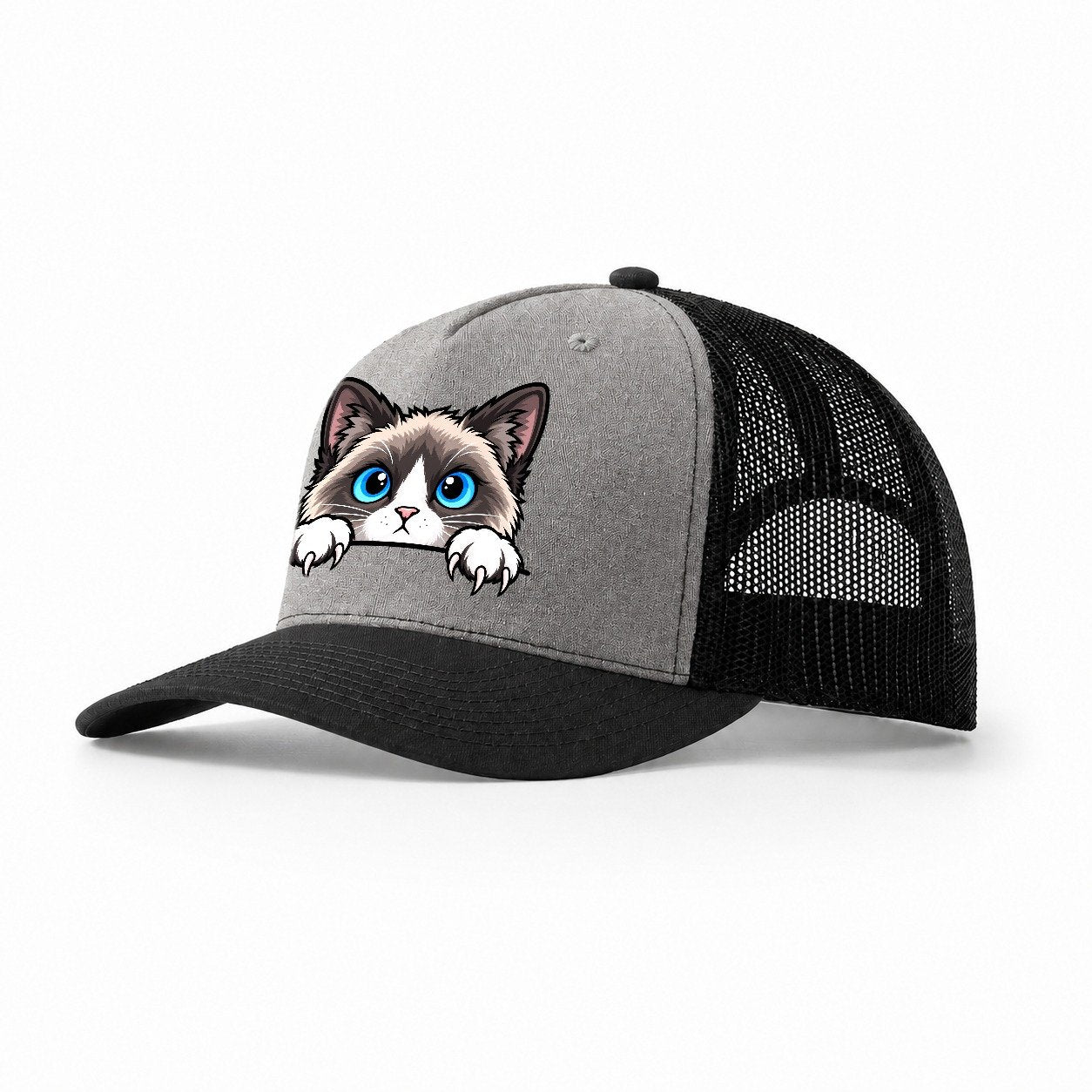 Snowshoe Cat Peeking Peeking Cats Trucker Hat – Grey Black