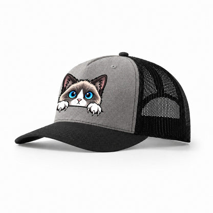 Snowshoe Cat Peeking Peeking Cats Trucker Hat – Grey Black