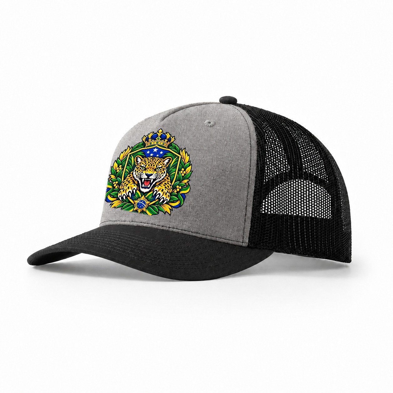 Brazil Heraldic Crest Country Logos Trucker Hat – Grey Black
