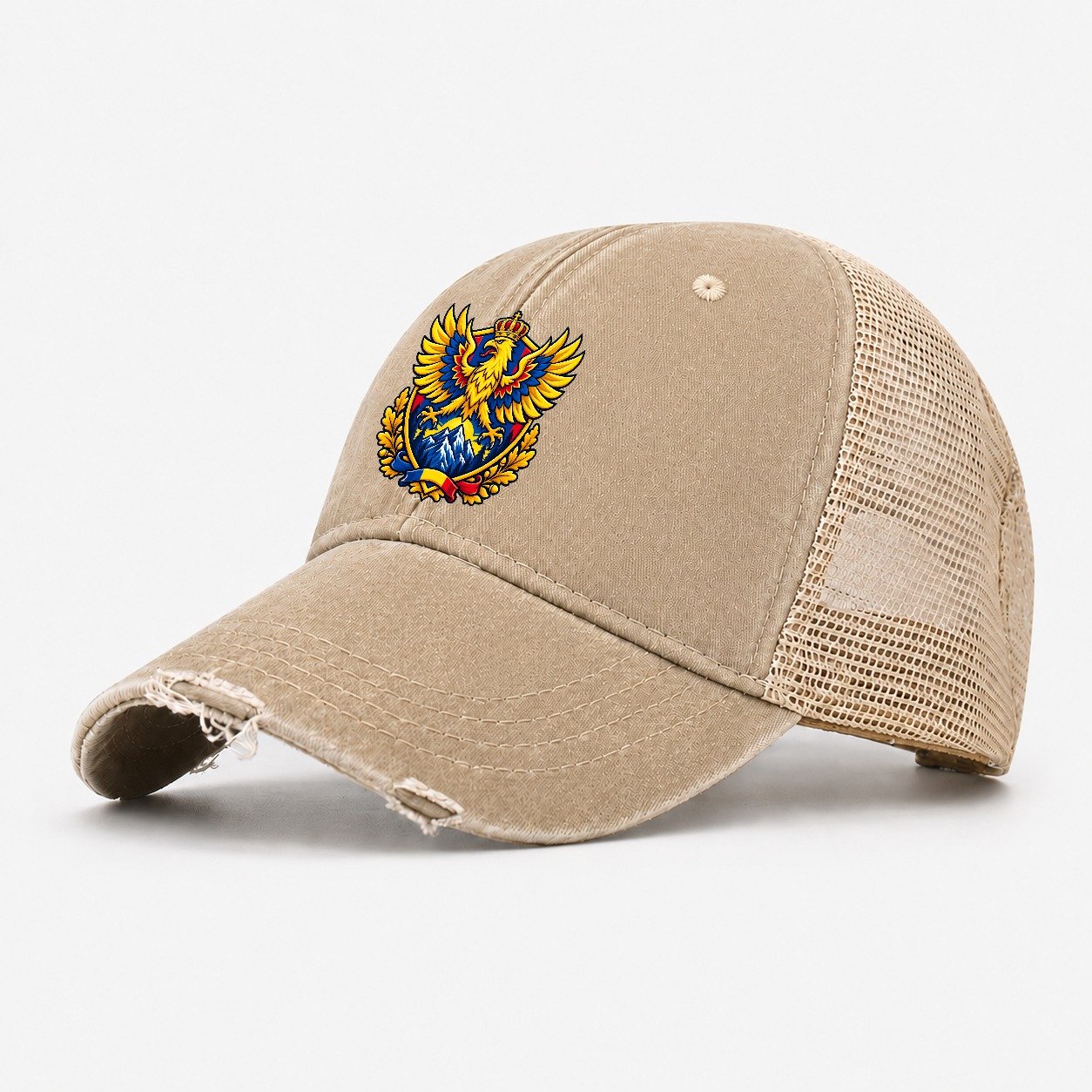Romania Heraldic Crest Country Logos Washed Trucker Hat – Khaki