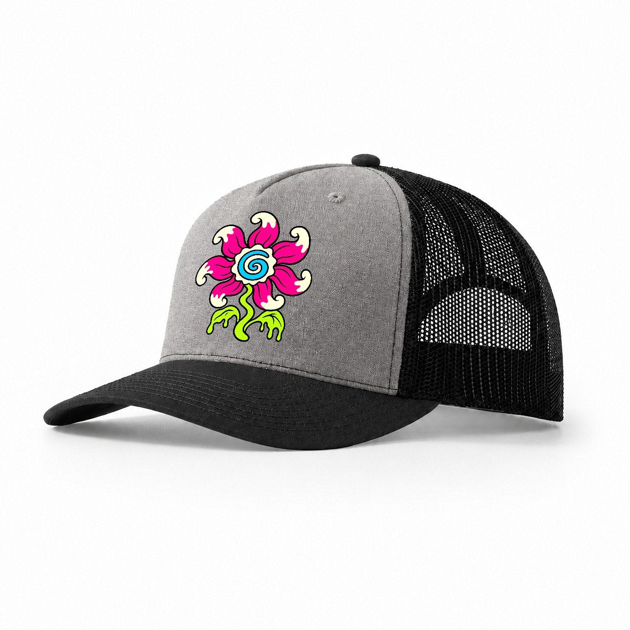 Swirl Tongue Flower Crazy Styles Trucker Hat – Grey Black