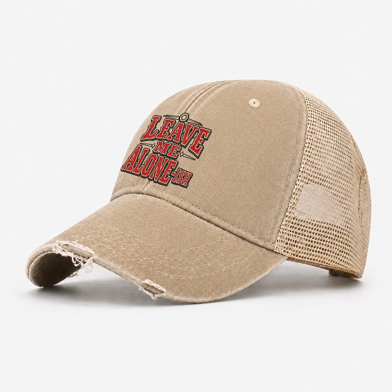 Leave Me Alone Ish American Wit Washed Trucker Hat – Khaki