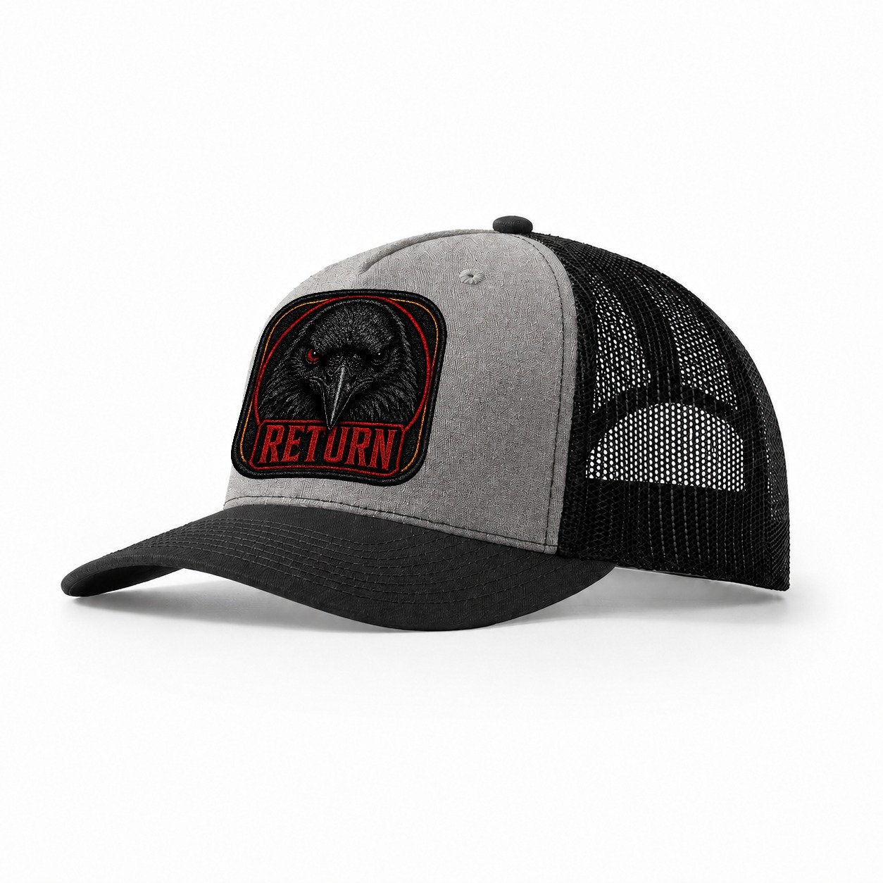 Raven Return Badge Trucker Hat – Grey Black